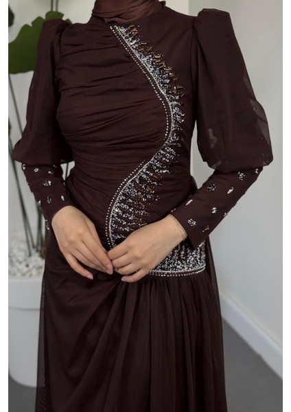 Aveline Yandan Taşlı Tül Abiye Acı Kahve fırsatları