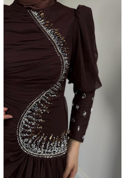 Aveline Yandan Taşlı Tül Abiye Acı Kahve indirimleri