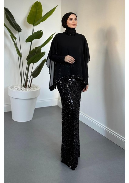 Sorella Pelerinli Altı Payet Abiye Siyah