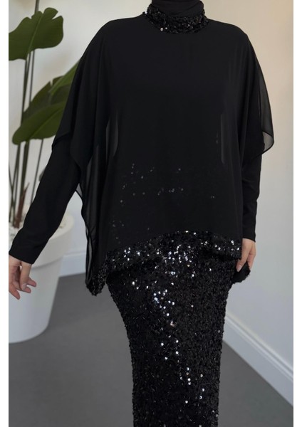 Sorella Pelerinli Altı Payet Abiye Siyah modelleri