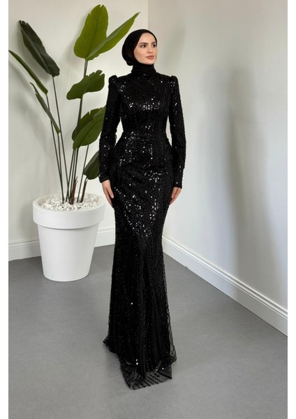 Mervena Korseli Arkası Büzgülü Taş Işlemeli Abiye Siyah