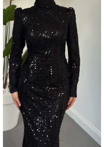 Mervena Korseli Arkası Büzgülü Taş Işlemeli Abiye Siyah modelleri