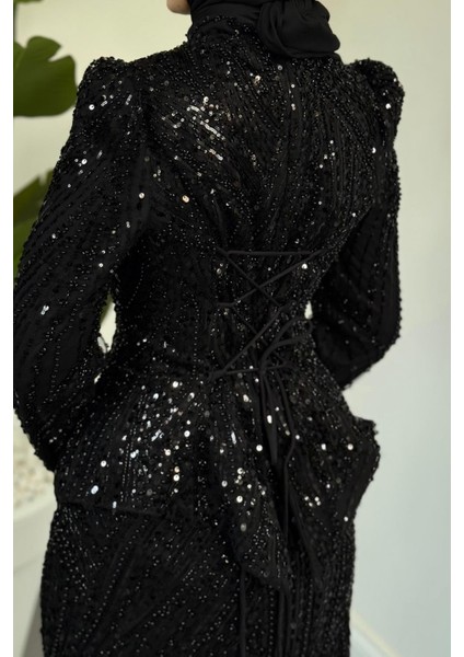 Mervena Korseli Arkası Büzgülü Taş Işlemeli Abiye Siyah indirimleri