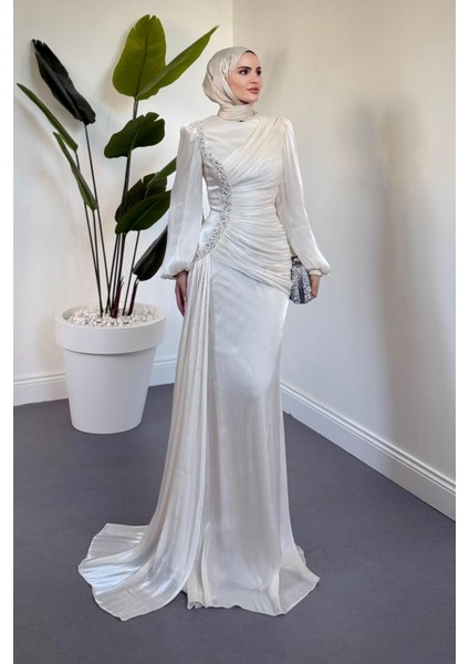 Ansel Yandan Taşlı Drapeli Janjan Abiye Ekru