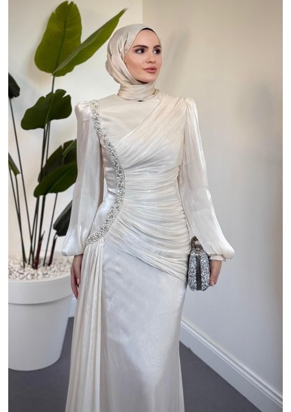 Ansel Yandan Taşlı Drapeli Janjan Abiye Ekru fiyatları