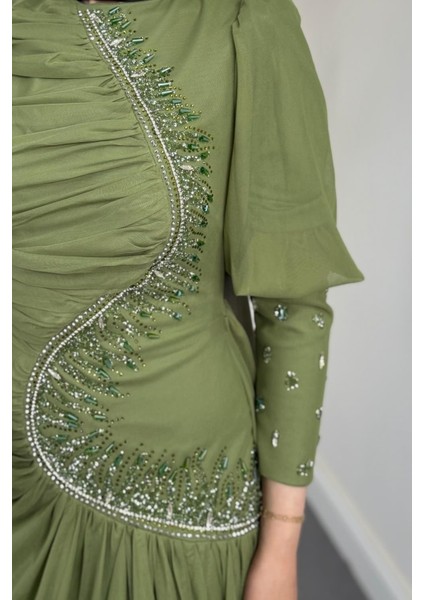 Aveline Yandan Taşlı Tül Abiye Haki indirimleri