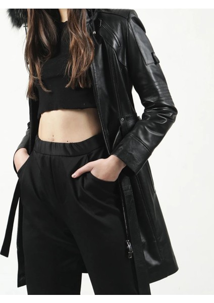 hakiki deri kaban trençkot kapşonlu gerçek kürk deri kaban