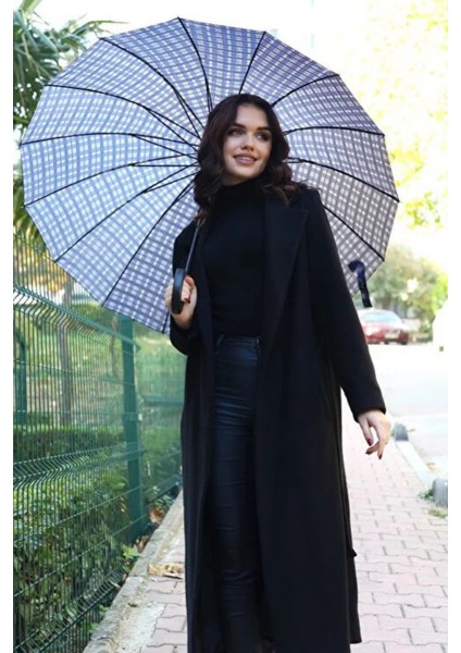 Koyu Mavi Ekose Desenli 16 Telli Kırılmaz Şemsiye, Hafif ve Şık Tasarım