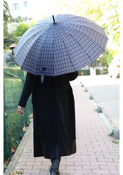 Koyu Mavi Ekose Desenli 16 Telli Kırılmaz Şemsiye, Hafif ve Şık Tasarım fırsatları