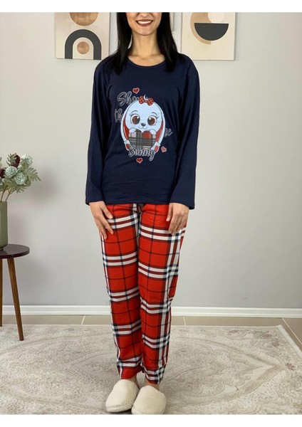Kadın Ekose Desenli Uyku Bantlı Pijama Takımı (Lacivert-Kırmızı)