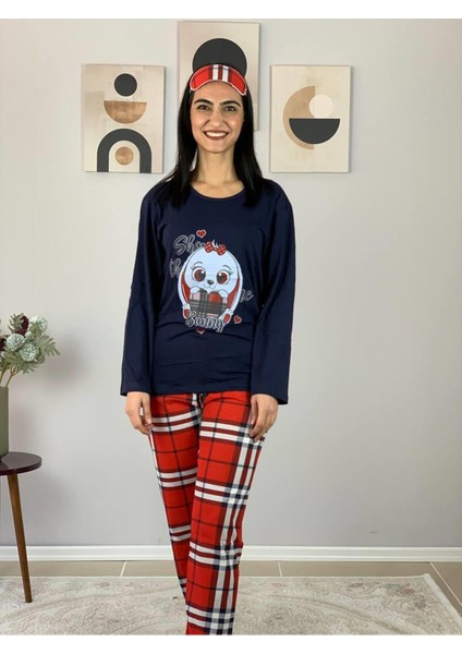 Kadın Ekose Desenli Uyku Bantlı Pijama Takımı (Lacivert-Kırmızı)
