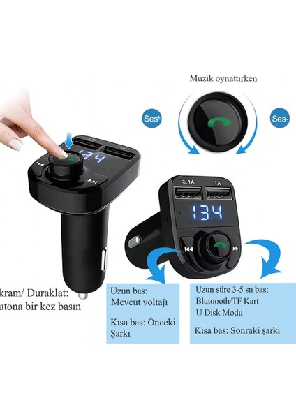 X8A Fm Transmitter Bluetooth Araç Çakmaklık Çift USB Şarj Cihazı fiyatları