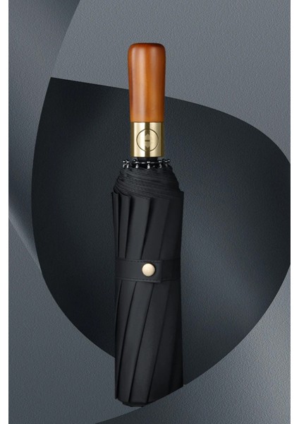 Rüzgar Dayanıklı Ahşap Saplı 10 Tel Şemsiye, Siyah