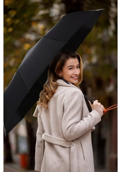 Rüzgar Dayanıklı Ahşap Saplı 10 Tel Şemsiye, Siyah fiyatları