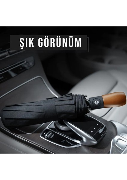 Rüzgar Dayanıklı Ahşap Saplı 10 Tel Şemsiye, Siyah fırsatları