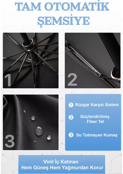 Rüzgar Dayanıklı Ahşap Saplı 10 Tel Şemsiye, Siyah