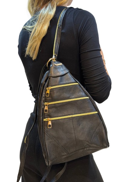 Kadın Hakiki Deri Maymun Model Sırt Çantası Siyah