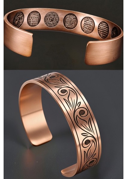 Desenli Dualı Bakır Bileklik Felak, Nas, Celcelutiye ve Hz. Süleyman Mühürlü Koruyucu Lazer Kazımalı