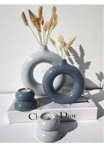 Dekoratif 2'li Halka Vazo Set, 2'li Mumluk Set, Donut Vazo Set