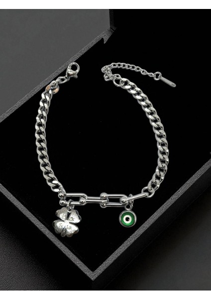 Paslanmaz Çelik Nazar Boncuklu Yonca Bileklik