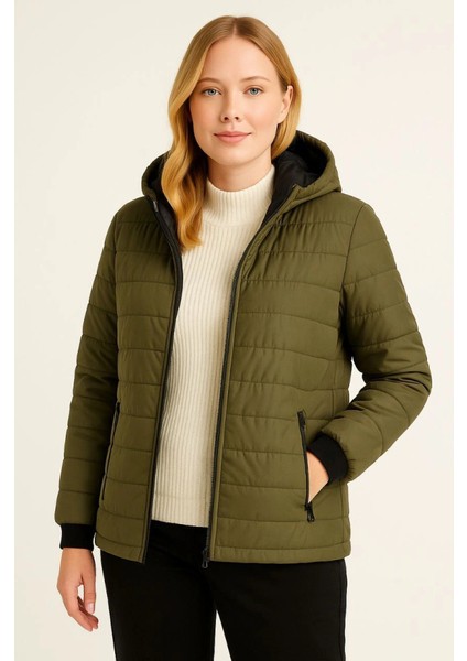 Şişme Kapüşonlu Fermuarlı Mont Su Itici Kapitone Astarlı Kumaş Cepli Kışlık Rahat Kalıp -