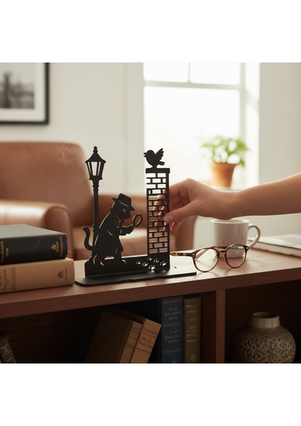 Sokak Lambalı Dedektif Kedi ve Tuğla Duvar Sahnesi * Vintage Stil Metal Dekor – Büyüteçli Dedektif Kedi Silueti