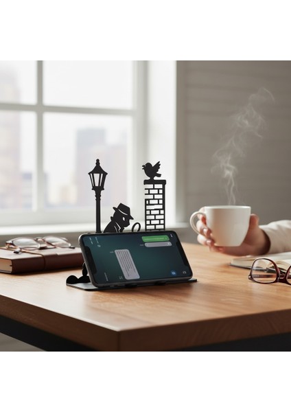 Sokak Lambalı Dedektif Kedi ve Tuğla Duvar Sahnesi * Vintage Stil Metal Dekor – Büyüteçli Dedektif Kedi Silueti fiyatları