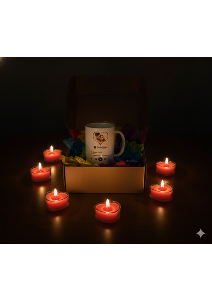 Kişiye Özel Hediye Sepeti|spotify Bardak ve 5 Adet Kalpli Kırmızı Mum