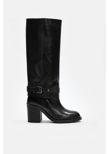 Martinez Siyah Hakiki Deri Topuklu Çizme