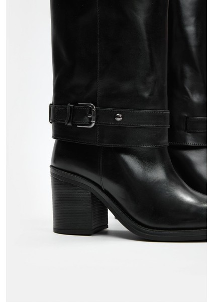 Martinez Siyah Hakiki Deri Topuklu Çizme