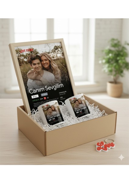 Sevgiliye Özel Hediye Seti|gerçek Ahşap Çerçeveli 24X32 Tasarım Tablo ve Kupa-Anahtarlık Seti