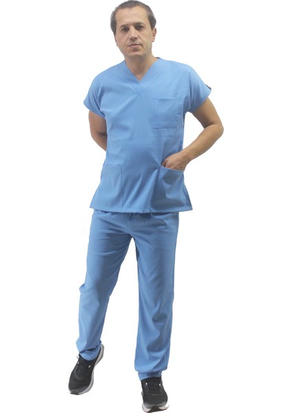 Unisex Soft Likra Açık Mavi Hemşire ve Doktor Üniforması ,cerrahi Takım Scrubs Üniforma