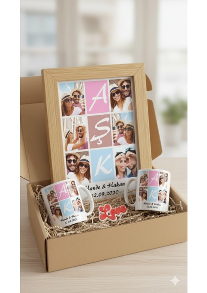 Sevgiliye Özel Hediye Seti|gerçek Ahşap Çerçeveli 24X32 Tasarım Tablo ve Kupa-Anahtarlık Seti