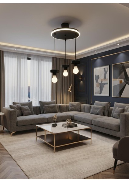 Salon/oturma Odası /mutfak/hol Beyaz Neon Ledli Siyah Metal 3'lü Sarkıt Avize