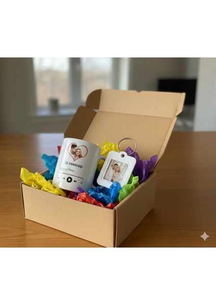 Kişiye Özel Hediye Sepeti|spotify Bardak ve 3x3 cm Fotoğraflı Anahtar