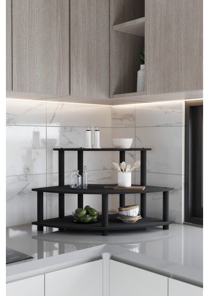 Dekoratif Oval Köşe 3 Katlı Tezgah Üstü Raf 50 cm x 50 cm Siyah fiyatları