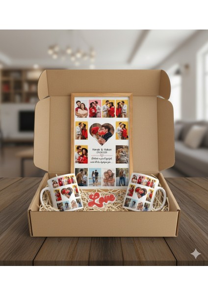 Sevgiliye Özel Hediye Seti|gerçek Ahşap Çerçeveli 24X32 Tasarım Tablo ve Kupa-Anahtarlık Seti