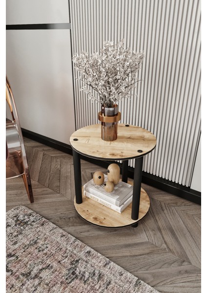 Dekoratif Masivo Kitaplık 2 Katlı 34 Çap Yuvarlak Çok Amaçlı Raf Safir Meşe modelleri