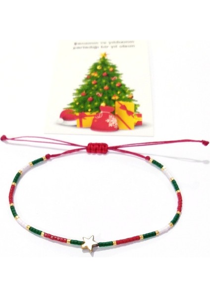 Yılbaşı Kartlı Hematit Yıldızlı Kırmızı Yeşil Beyaz Miyuki Boncuklu Yeni Yıl Bileklik