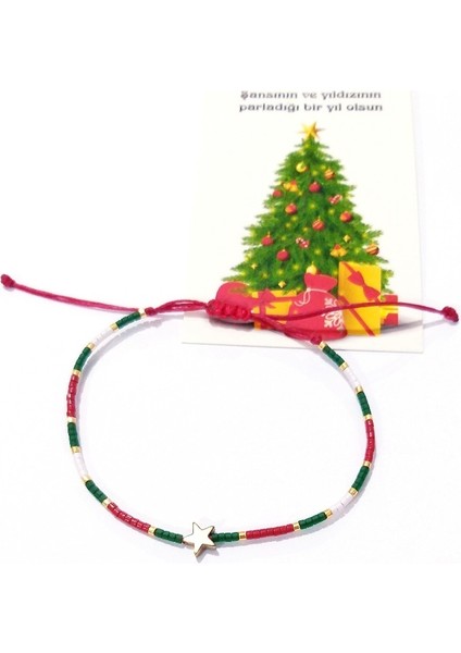 Yılbaşı Kartlı Hematit Yıldızlı Kırmızı Yeşil Beyaz Miyuki Boncuklu Yeni Yıl Bileklik modelleri