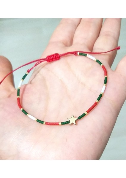 Yılbaşı Kartlı Hematit Yıldızlı Kırmızı Yeşil Beyaz Miyuki Boncuklu Yeni Yıl Bileklik