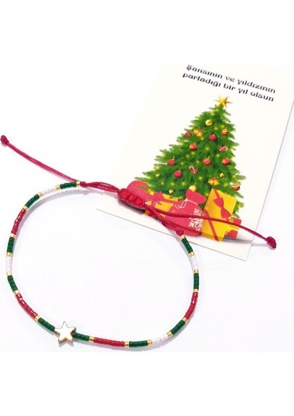 Yılbaşı Kartlı Hematit Yıldızlı Kırmızı Yeşil Beyaz Miyuki Boncuklu Yeni Yıl Bileklik