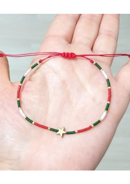 Yılbaşı Kartlı Hematit Yıldızlı Kırmızı Yeşil Beyaz Miyuki Boncuklu Yeni Yıl Bileklik