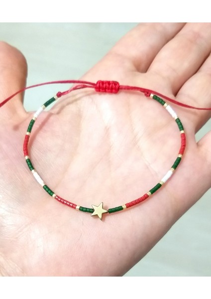 Yılbaşı Kartlı Hematit Yıldızlı Kırmızı Yeşil Beyaz Miyuki Boncuklu Yeni Yıl Bileklik