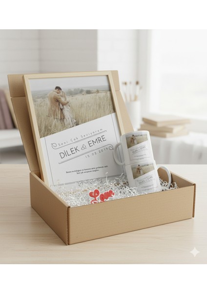 Sevgiliye Özel Hediye Seti|gerçek Ahşap Çerçeveli 24X32 Tasarım Tablo ve Kupa-Anahtarlık Seti