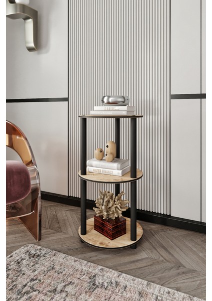 Dekoratif Masivo Kitaplık 3 Katlı 34 Çap Yuvarlak Çok Amaçlı Raf