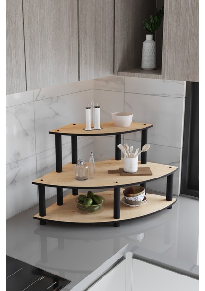 Dekoratif Oval Köşe 3 Katlı Tezgah Üstü Raf 50 cm x 50 cm Safir Meşe