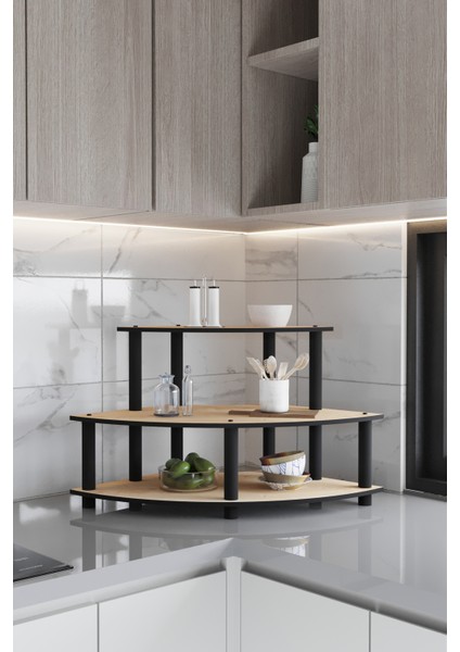 Dekoratif Oval Köşe 3 Katlı Tezgah Üstü Raf 50 cm x 50 cm Safir Meşe fiyatları