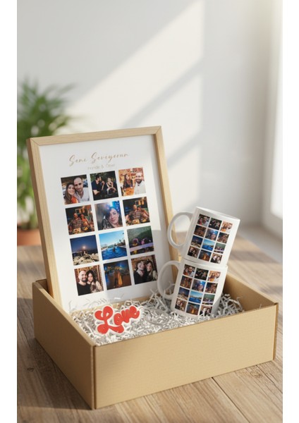 Sevgiliye Özel Hediye Seti|gerçek Ahşap Çerçeveli 24X32 Tasarım Tablo ve Kupa-Anahtarlık Seti
