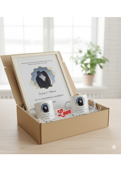 Sevgiliye Özel Hediye Seti|gerçek Ahşap Çerçeveli 24X32 Tasarım Tablo ve Kupa-Anahtarlık Seti